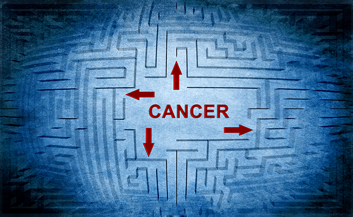 blue background with faint maze with the word cancer in red letters with 3 arrows in different directions