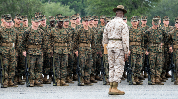 Recruits undergo basic training at Marine Corps Recruit Depot Parris Island in South Carolina
