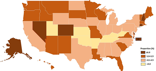 map of US with color coded states to show the proportion of new cancer diagnoses related to alcohol 2013 to 2016