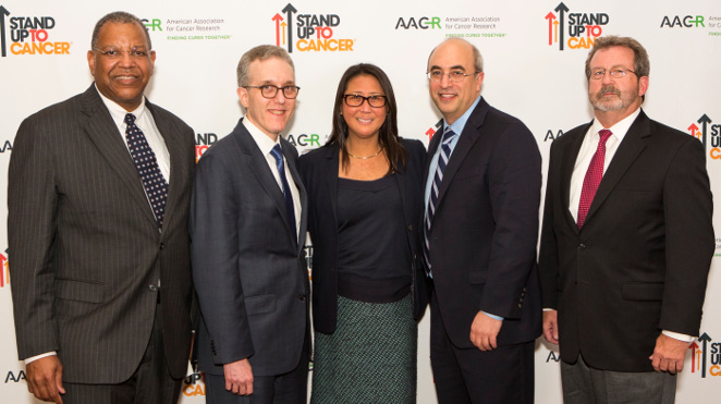 from left: Dr. Otis W. Brawley, American Cancer Society chief medical officer; Dr. Jedd Wolchok; Dr. Sung Poblete, SU2C president/CEO; Dr. Jeffrey Engelman; and Dr. William Chambers, SU2C-ACS Joint Scientific Advisory Committee. 