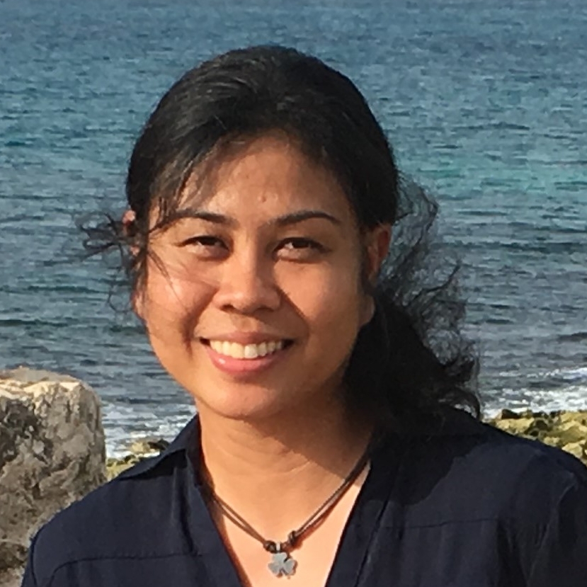 Asian woman in blue elbow-length shirt in front of ocean and rocks