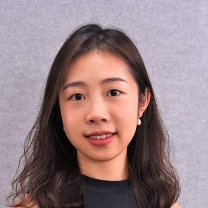 Asian woman, long-dark brown hair, white earring, black sleeveless top